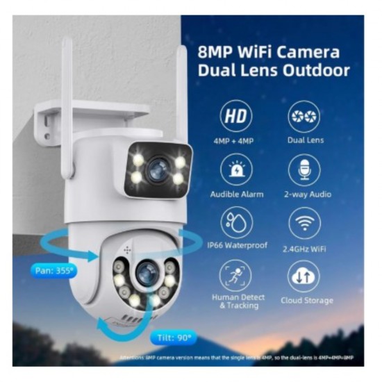 Водоустойчива камера BeSmart, ICSee, 6MP, Двойна, WIFI IP FULL HD, БялаКамери за видеонаблюдение за външен монтаж