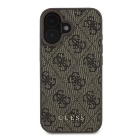 Калъф за телефон Guess, съвместим с iPhone 16, естествена кожа, Кафяв