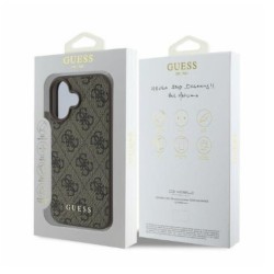 Калъф за телефон Guess, съвместим с iPhone 16, естествена кожа, Кафяв