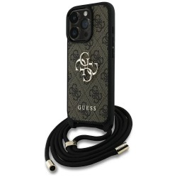 Guess PU 4G Метално лого с каишка за кръст на гърба за iPhone 16 Pro Max Brown