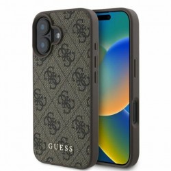 Калъф за телефон Guess, съвместим с iPhone 16, естествена кожа, Кафяв