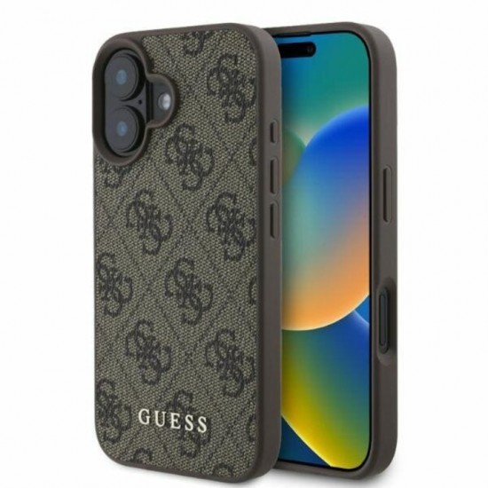 Калъф за телефон Guess, съвместим с iPhone 16, естествена кожа, Кафяв
