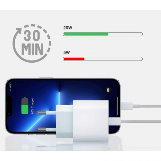 Комплект съвместим с Apple, iPad, iPhone, Adapter, USB-C, Lightning, 20W, 2 в 1: Зарядно, КабелЗарядни устройства за смарт телефони