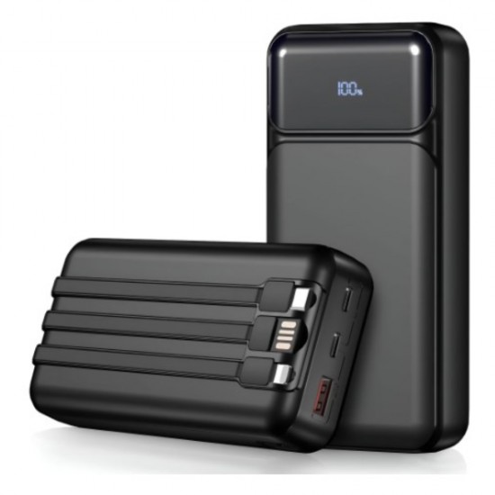 Външна батерия BeSmart, 20 000 mAh, 22, 5 W, 3 интегрирани кабела (USB-C, USB-A, Lightning), 3 порта, LED екран, двупосочно зареждане, Черен