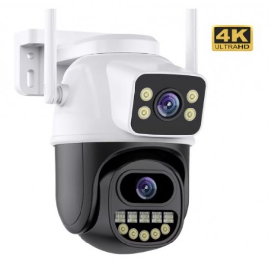 Камера за видеонаблюдение BeSmart, Двойна, 8MP, Инфрачервено нощно виждане, Ultra HD 4K, 5X увеличение, Ротация, LED светлини, Двупосочна комуникация, Сензор за движение, Черен/БялКамери за видеонаблюдение за външен монтаж
