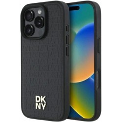 DKNY PU Leather Repeat Pattern Stack Logo MagSafe калъф за iPhone 16 Pro, черен
