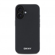 Husă DKNY din piele PU cu logo metalic argintiu și MagSafe pentru iPhone 16, neagră