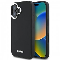 DKNY PU Leather Silver Metal Logo MagSafe Case за iPhone 16 Black