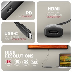 AXAGON RVC-HI8KPD USB-C към HDMI 2.1 адаптер, 8K/60 Hz, 4K/144 Hz, HDR10+, PD 100 W