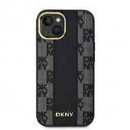 DKNY Leather Checkered Mono Pattern MagSafe – черен калъф с кариран мотив за iPhone 16 Plus