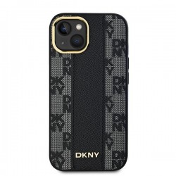DKNY Leather Checkered Mono Pattern MagSafe – husă neagră cu motiv în carouri pentru iPhone 16 Plus