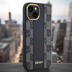 DKNY Leather Checkered Mono Pattern MagSafe – husă neagră cu motiv în carouri pentru iPhone 16 Plus