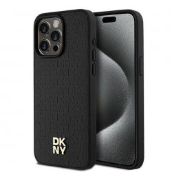 DKNY DKHMP15XPSHRPSK Leather Monogram Pattern Metal Logo MagSafe – husă pentru iPhone 15 Pro Max, neagră