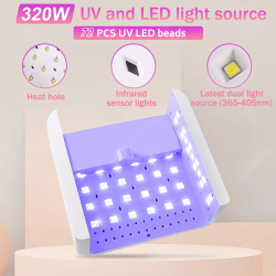 Професионална UV LED лампа за нокти 320W със сензори, BeSmart, M7047, със 72 мъниста, с 4 таймера 10s/30s/60s/99s, Сгъваема, За салон за маникюр, Дом, Екстремно бързо съхнене, Бяла